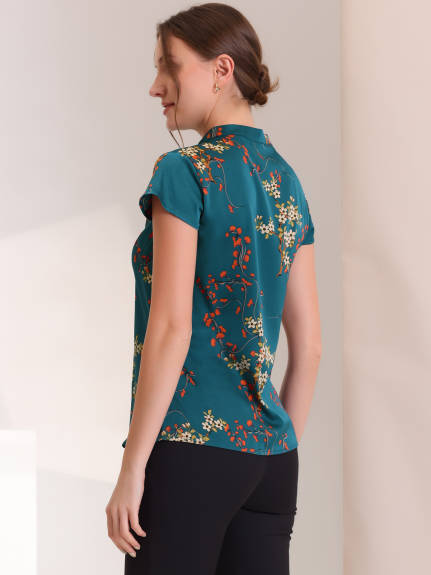 Allegra K- Satin Floral Cap Sleeve Blouse