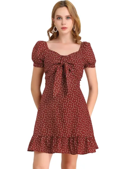 Allegra K- Heart Neckline Puff Sleeve Ruffled Hem Tie Knot Mini Dress