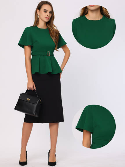 Allegra K - Bell Sleeve Belted Waist Peplum Top