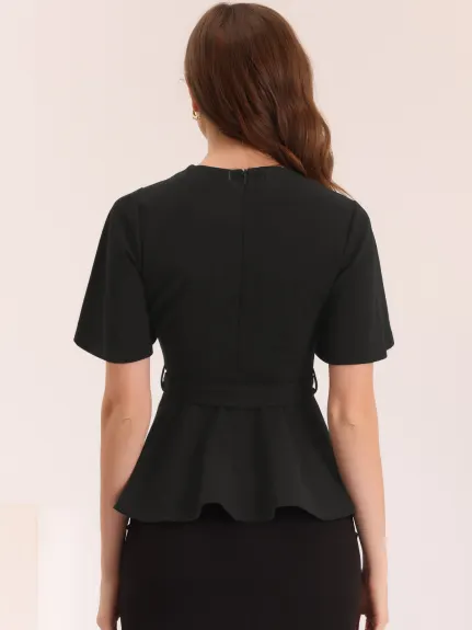 Allegra K - Bell Sleeve Belted Waist Peplum Top