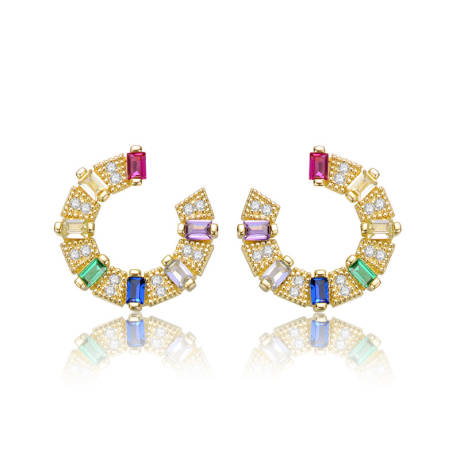 Genevive Sterling Silver 14k Gold Plated with Colored Cubic Zirconia Front-Facing C-Hoop Earrings