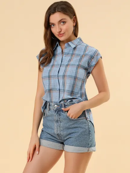 Allegra K- Chemise boutonnée à manches courtes à carreaux