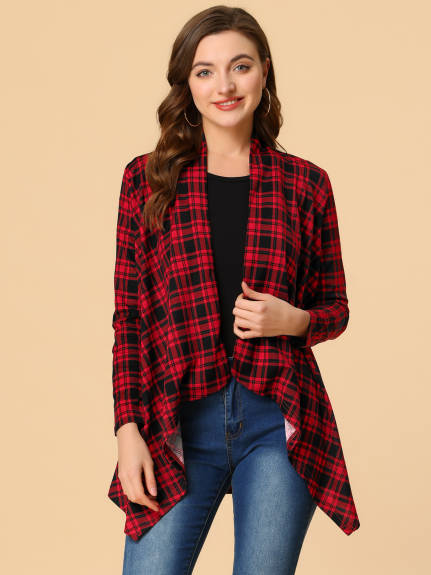 Allegra K- Handkerchief Hem Plaids Open Front Cardigan