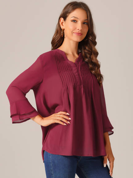 INSPIRE CHIC - V Neck 3/4 Sleeve Lightweight Pintuck Top