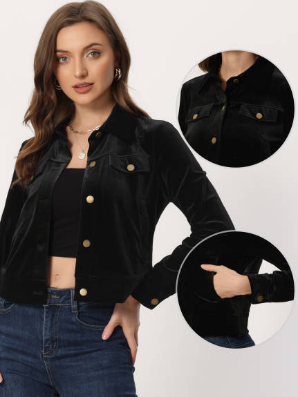 Allegra K - Velvet Button Up Cropped Casual Jacket