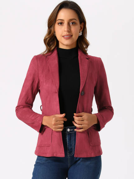 Allegra K- Faux Suede Belted Single Breasted Blazer Jacket Coat