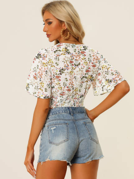 Allegra K - Floral V Neck Smocked Crop Top