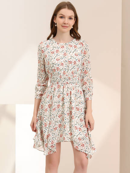 Allegra K- Floral Shirred 3/4 Sleeve Asymmetrical Hem Smocked Dress