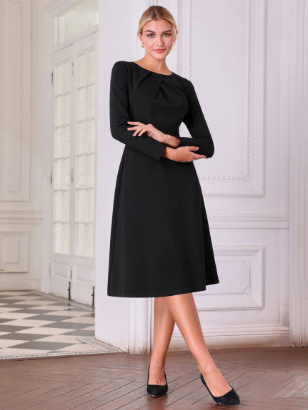 Hobemty - Pleated Neck Long Sleeve Midi Dress