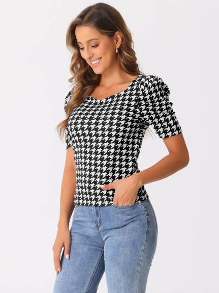 INSPIRE CHIC - Short Sleeve Houndstooth Work Blouse