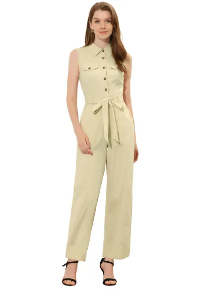 Allegra K- Sleeveless Collared Tie Waist Coverall Button Down Jumpsuit