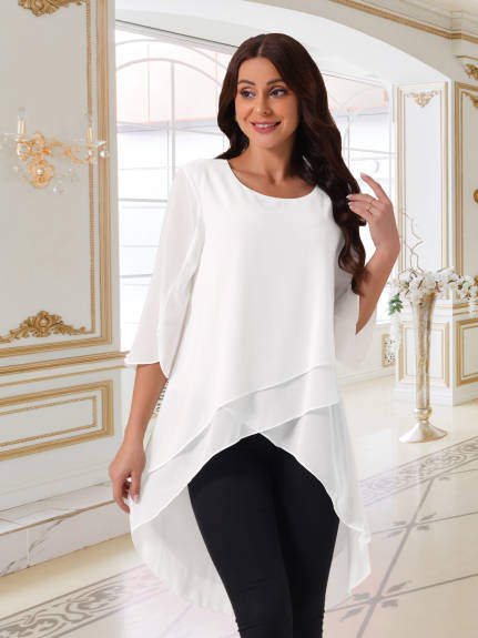 Allegra K - Blouse à encolure dégagée haute et basse avec manches 3/4