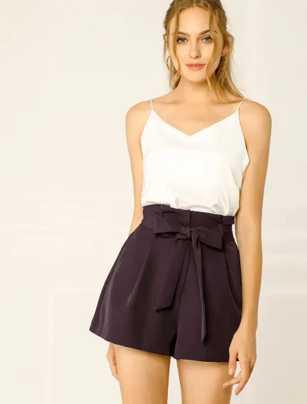 Allegra K- Bow Belt High Paper Bag Waist Shorts