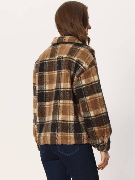 Allegra K - Faux Fleece Plaid Button Down Jacket