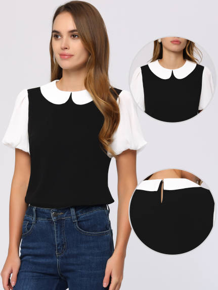 Allegra K- Peter Pan Collar Contrast Puff Top