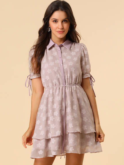 Allegra K- Peter Pan Collar Floral Drawstring Chiffon Layered Dress