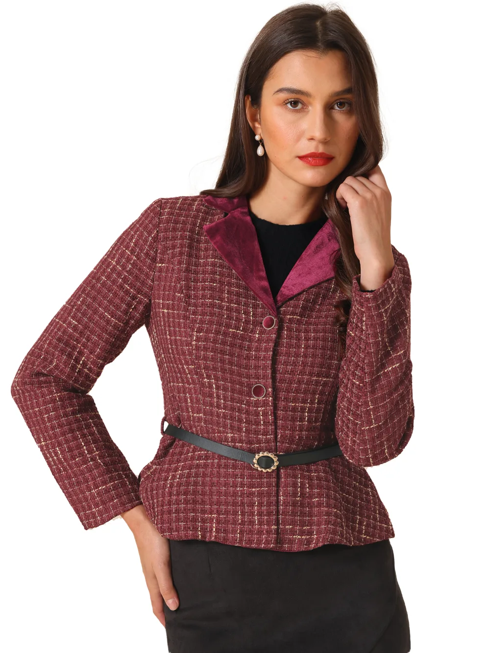 Allegra K- Vintage Tweed Plaid Notched Collar Blazer with Belt