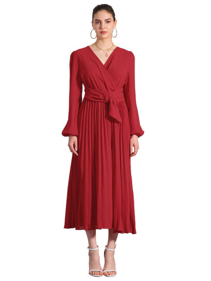 Allegra K - Pleated V-Neck Puff Sleeve Midi Dress