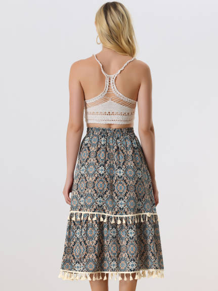 Allegra K- Elastic Waist Tiered Tassel Skirt