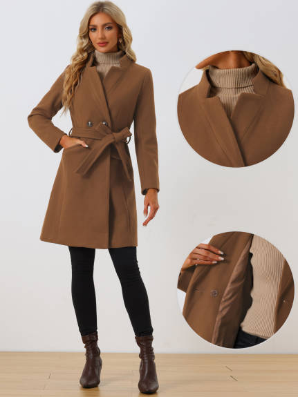 Allegra K - Stand Collar Mid-Long Belted Overcoat