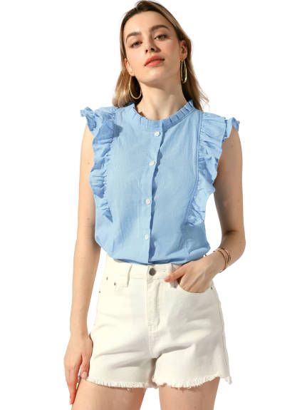 Allegra K - Ruffle Sleeveless Button Up Shirt