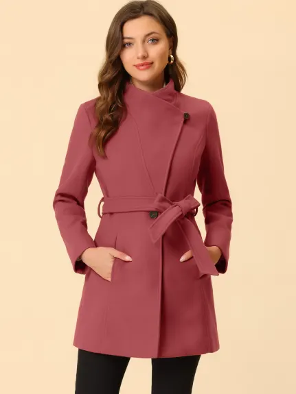 Allegra K- Classic Stand Collar Belted Long Coat