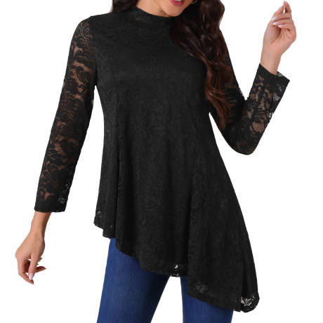 Allegra K - Lace Long Sleeve Mock Neck Blouse