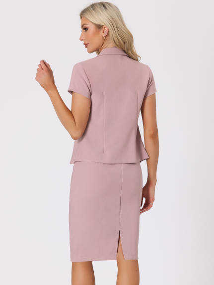 Allegra K- 2 Piece Suit Set Short Sleeve Blazer Jacket Pencil Skirt