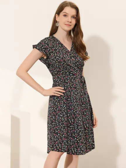 Allegra K- Robe midi ceinturée à manches volantées et fleurs