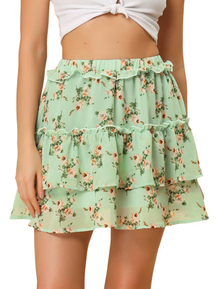 Allegra K- Layered Ruffle Elastic Waist Floral Mini Skirt