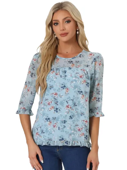 Allegra K- Floral Ruffled 3/4 Sleeve Chiffon Blouses