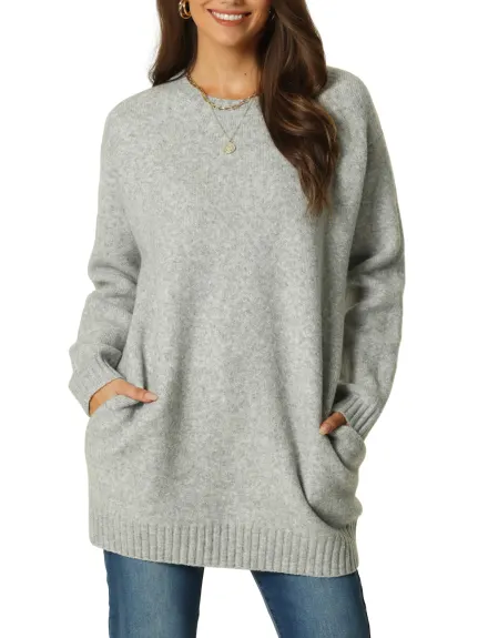 Allegra K- Round Neck Pullover Sweater with Pockets