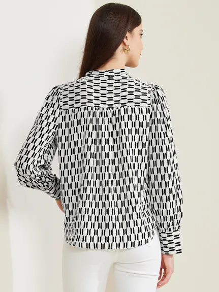 Allegra K- Blouse à manches longues avec imprimé et col à nouer