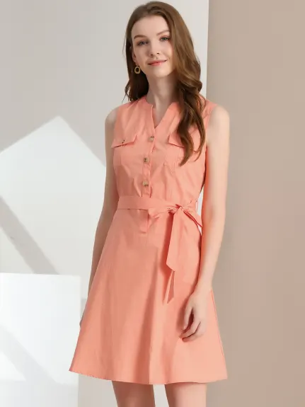 Allegra K- Belted Sleeveless Flared A-Line Shirt Dress