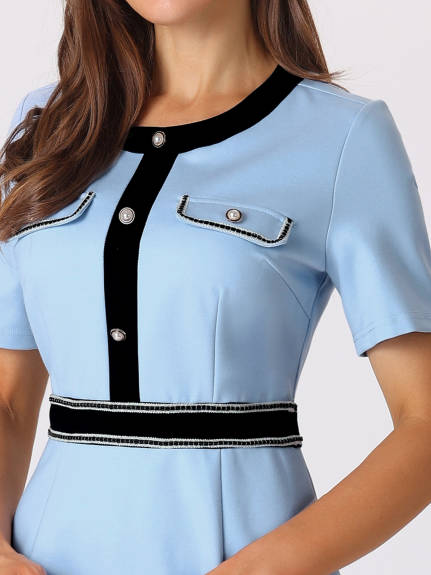 Hobemty- Short Sleeve Contrast Color Pencil Dress