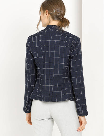 Allegra K- Single Button Stand Collar Plaid Blazer