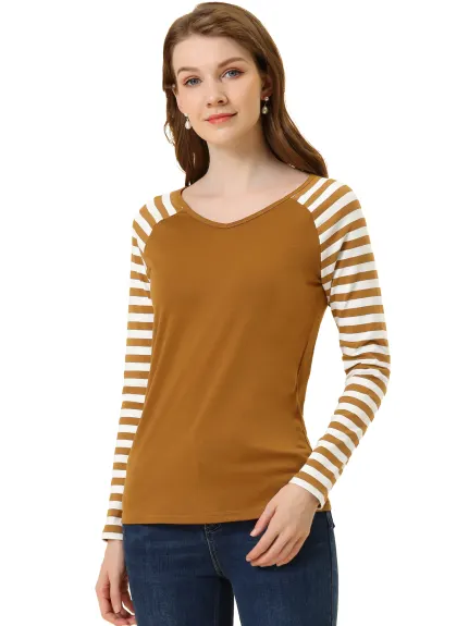 Allegra K- Stripe Raglan Long Sleeve V Neck T-Shirt