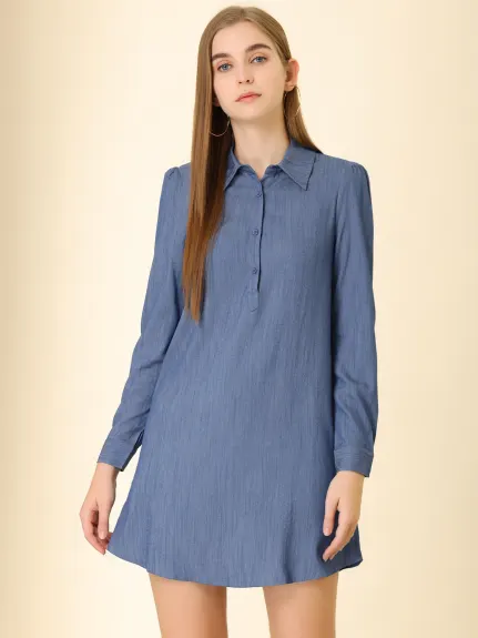 Allegra K- Puff Long Sleeve Belted Chambray Dress