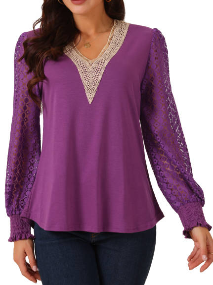 Allegra K - Lace V Neck Hallow Out Sleeve Blouse