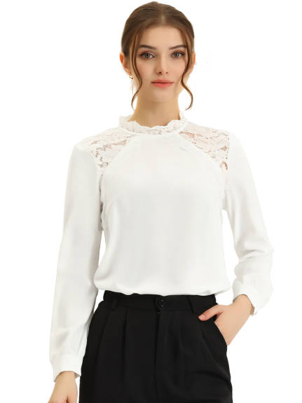 Allegra K - Mock Neck Contrast Lace Elegant Blouse