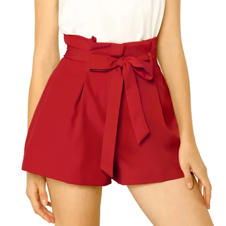 Allegra K- Bow Belt High Paper Bag Waist Shorts