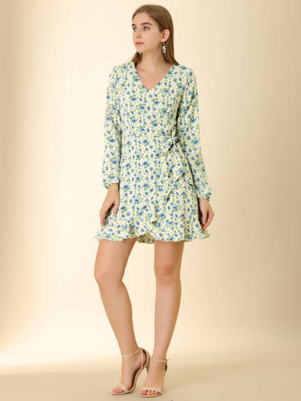 Allegra K- V-Neck Long Sleeve Ruffle Hem Mini Floral Dress