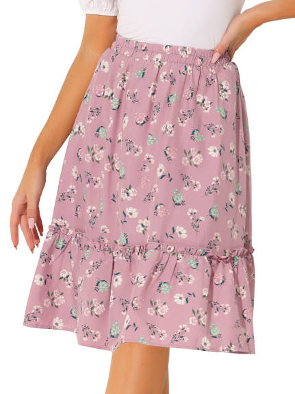 Allegra K- Ruffle Hem Tiered A-Line Floral Midi Skirt