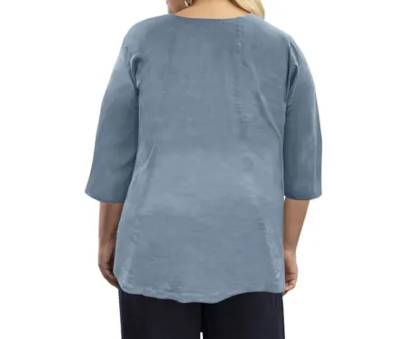 On The Plus Side - Linen 3/4 Sleeve V-Neck Top - Plus