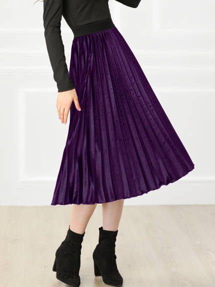 Allegra K- Winter Elastic Waist Velvet Pleated Midi Skirt