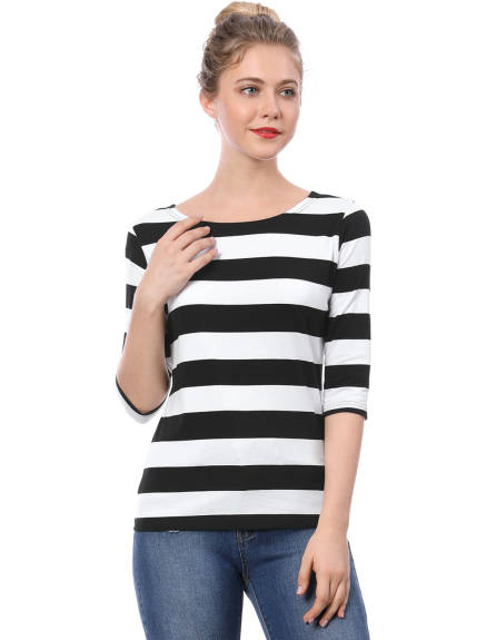 Allegra K- Boat Neck Elbow Sleeve Slim Fit Stripe T-Shirt