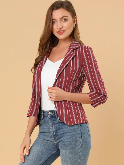 Allegra K- Casual Striped 3/4 Sleeves Open Front Notched Lapel Blazer