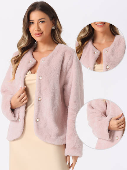 Allegra K - Pearl Button Faux Fur Coat Jacket