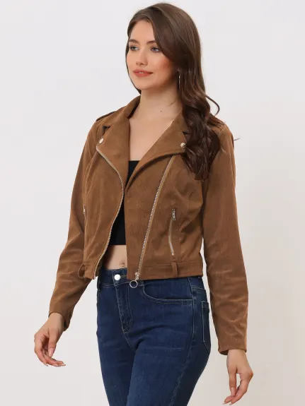 Allegra K- Corduroy Notched Lapel Zipper Jacket