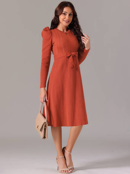 Allegra K - Puff Long Sleeve Tie Waist Midi Dress